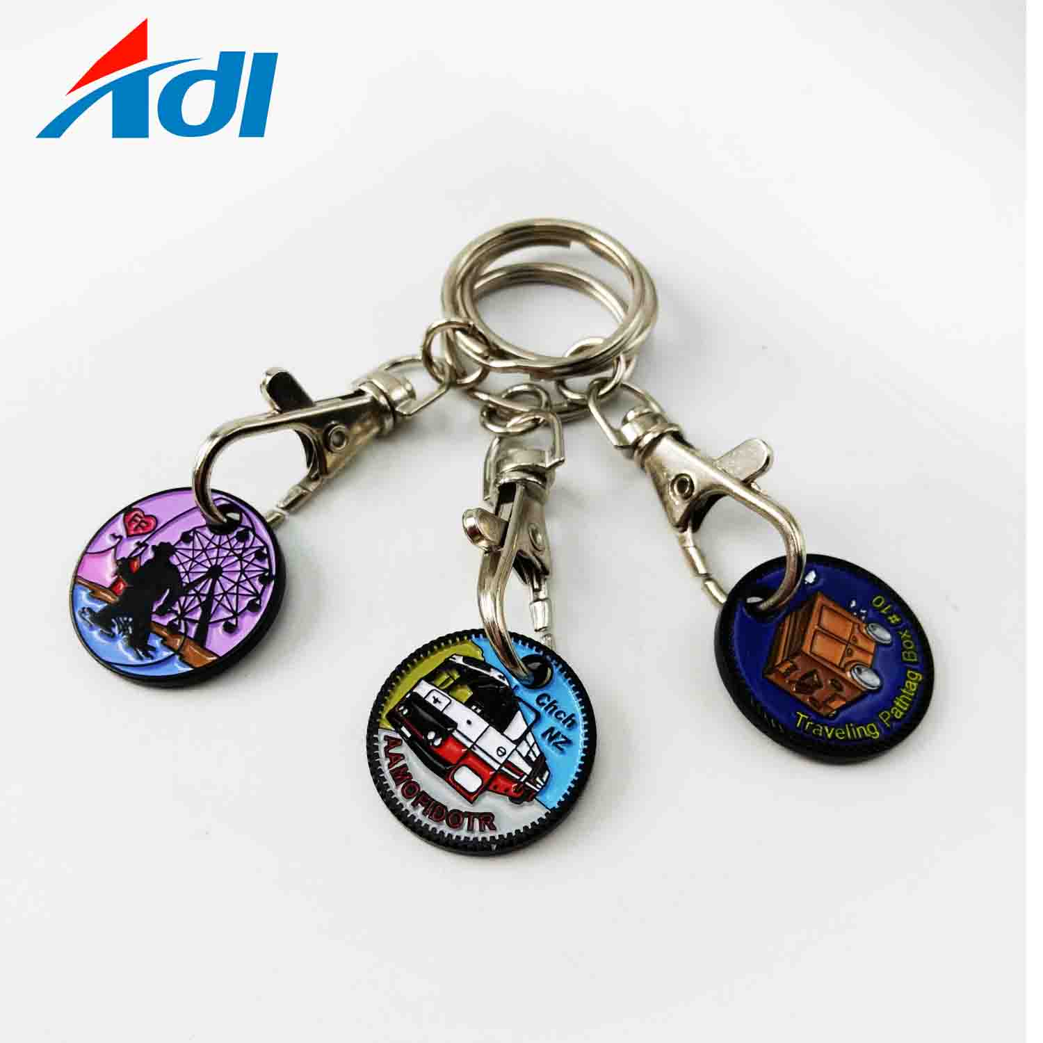 Souvenir promosi hadiah magnet koin logam troli pemegang token gantungan kunci logo kustom supermarket toko troli gantungan kunci koin